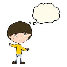 cartoon happy boy with thought bubble N150
