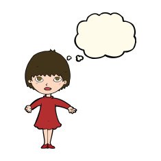 cartoon woman in dress with thought bubble N25