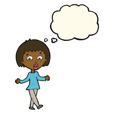 cartoon woman shrugging shoulders with thought bubble N311