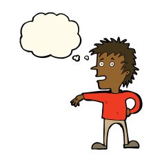 cartoon man making dismissive gesture with thought bubble N14