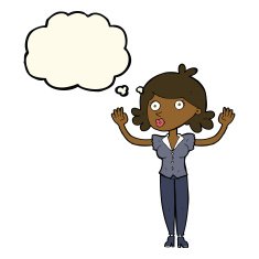 cartoon woman surrendering with thought bubble N7