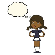 cartoon happy waitress woman with thought bubble N7