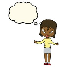 cartoon woman shrugging shoulders with thought bubble N313