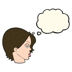 cartoon woman raising eyebrow with thought bubble N14