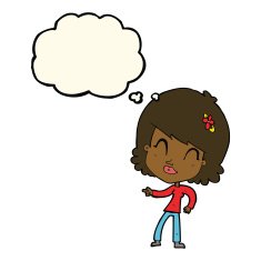 cartoon happy woman pointing with thought bubble N42