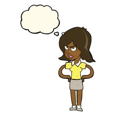 cartoon annoyed woman with hands on hips thought bubble N6