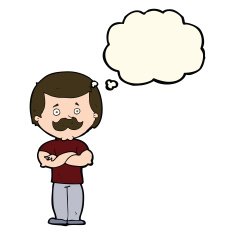 cartoon manly mustache man with thought bubble N8