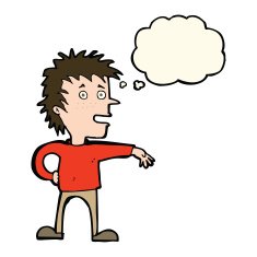 cartoon man making dismissive gesture with thought bubble N15