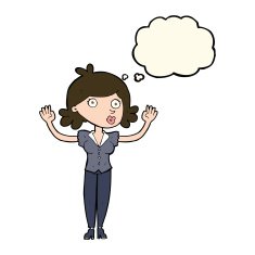 cartoon woman surrendering with thought bubble N8
