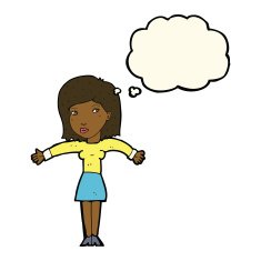 cartoon woman shrugging shoulders with thought bubble N316