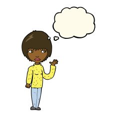 cartoon woman waving with thought bubble N230