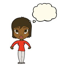 cartoon woman shrugging shoulders with thought bubble N317