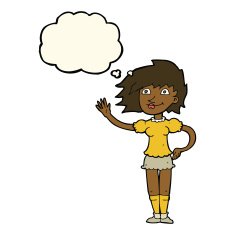 cartoon woman waving with thought bubble N231