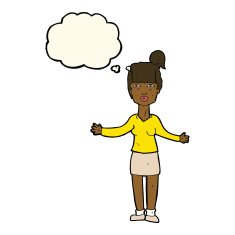 cartoon woman shrugging shoulders with thought bubble N318