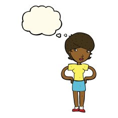 cartoon woman with hands on hips thought bubble N148
