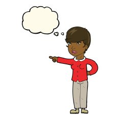 cartoon woman pointing finger of blame with thought bubble N7