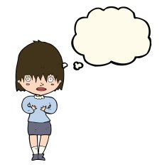 cartoon woman making Who Me? gesture with thought bubble N29
