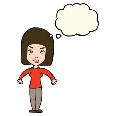 cartoon woman shrugging shoulders with thought bubble N319