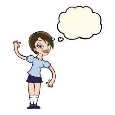 cartoon girl waving with thought bubble N19