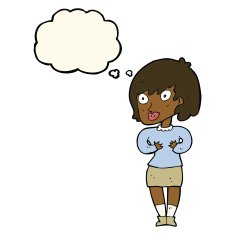 cartoon woman making Who Me? gesture with thought bubble N31