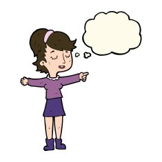 cartoon happy woman pointing with thought bubble N46