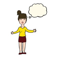 cartoon woman shrugging shoulders with thought bubble N322