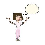 cartoon woman holding up hands with thought bubble N13