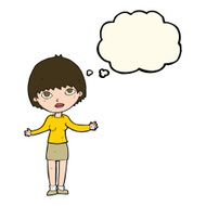 cartoon woman shrugging with thought bubble N41