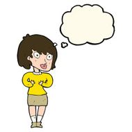 cartoon woman making Who Me? gesture with thought bubble N32