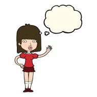 cartoon woman waving with thought bubble N241