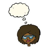 cartoon woman wearing spectacles with thought bubble N25
