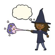 cartoon witch girl casting spell with thought bubble N12