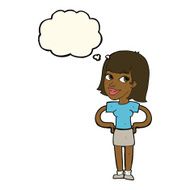cartoon happy woman with hands on hips thought bubble N12