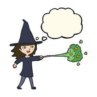 cartoon witch girl casting spell with thought bubble N14