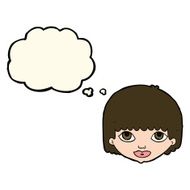 cartoon female face with thought bubble N95