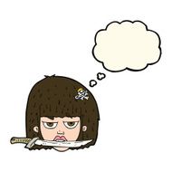 cartoon woman holding knife between teeth with thought bubble N7