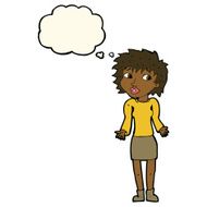 cartoon woman shrugging shoulders with thought bubble N323