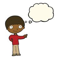 cartoon happy boy pointing with thought bubble N12