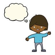 cartoon waving boy with thought bubble N12