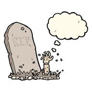 cartoon zombie rising from grave with thought bubble N4