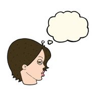 cartoon female face with narrowed eyes thought bubble N7