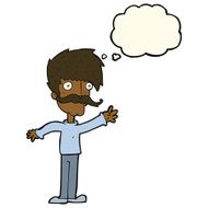 cartoon waving mustache man with thought bubble N6