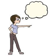 cartoon hip woman pointing with thought bubble N7