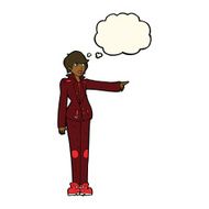 cartoon woman in leather jacket pointing with thought bubble N6