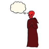 cartoon spooky skeleton in robe with thought bubble N3