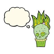 cartoon spooky skull cupcake with thought bubble N6