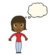 cartoon woman shrugging shoulders with thought bubble N325