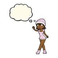 cartoon pretty girl in hat waving with thought bubble N7