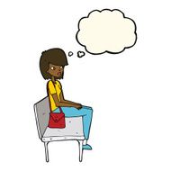 cartoon woman sitting on bench with thought bubble N7