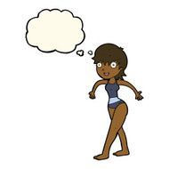 cartoon happy woman in swimming costume with thought bubble N7
